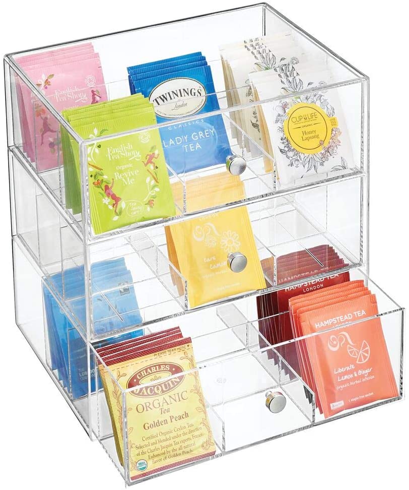 Търговия на едро Прозрачен акрилен кухненски органайзер с 3 чекмеджета Кутия за съхранение на пакетчета чай Кафе на капсули Ракла за чай