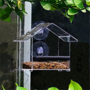 Pielāgota putnu barotava ārpus iekštelpu logiem, caurspīdīga akrila putnu barotava