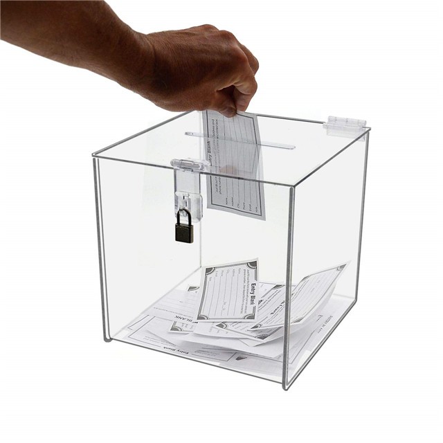 Caurspīdīga plexystikla caurspīdīga vēlēšanu biļetena ziedojumu balsu atlase akrila ieteikumu kastīte sūdzību kaste ar slēdzeni