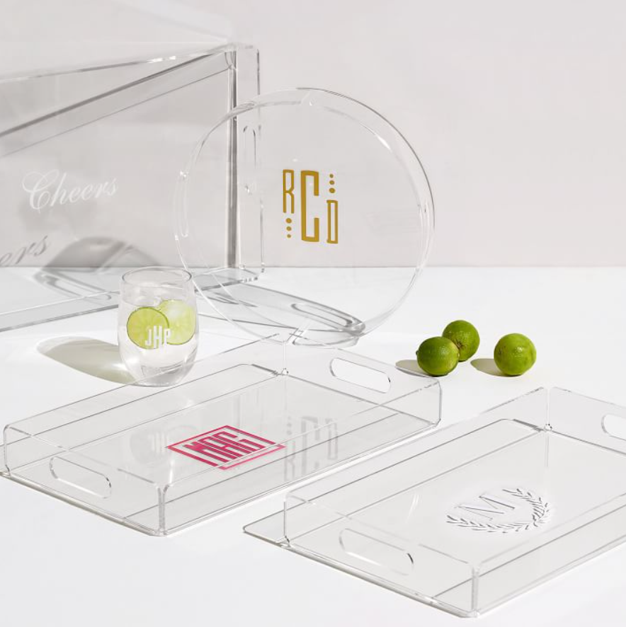 Moderner großer Luxus-Getränkeeinsatz in Regenbogenfarbe, gebogen, weißer Kunststoff, transparentes Acryl-Serviertablett-Set mit Griffen