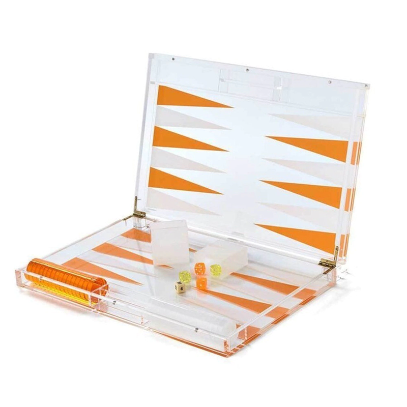 Sarung Permainan Dalaman Plexiglass Pilihan Warna Jingga & Set Backgammon Akrilik Jelas