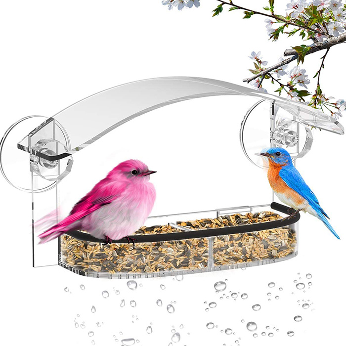 Внесувач за птици со чаши и отстранлив послужавник за семиња со 2 секции со одводни отвори Надворешен акрилен хранител за птици со отпорен на атмосферски влијанија