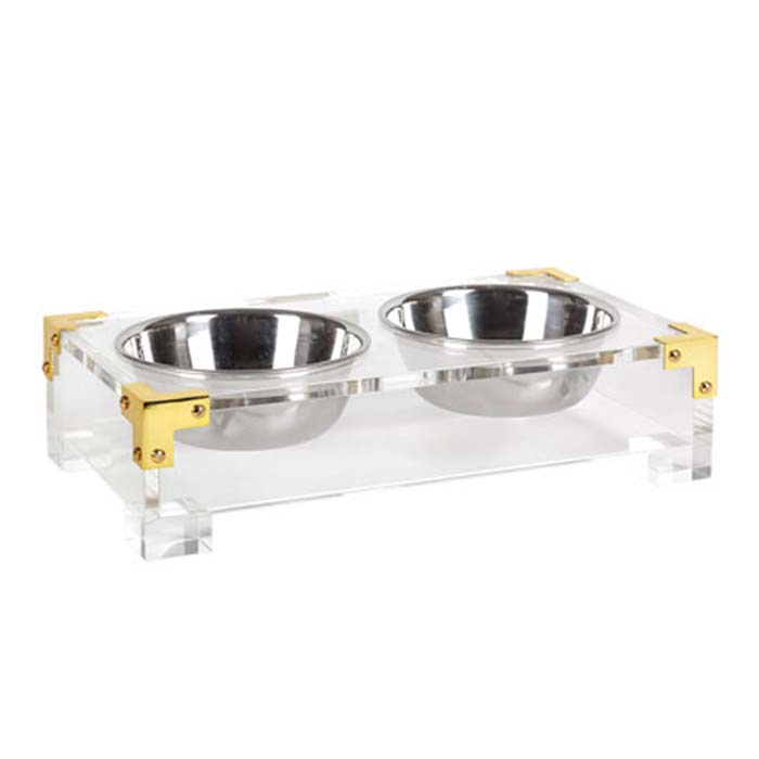 Plexiglass Acrylic Dog Bowl Display Tray Acrylic Dog Bowl Tray nga adunay Pinasinaw nga Brass Corners