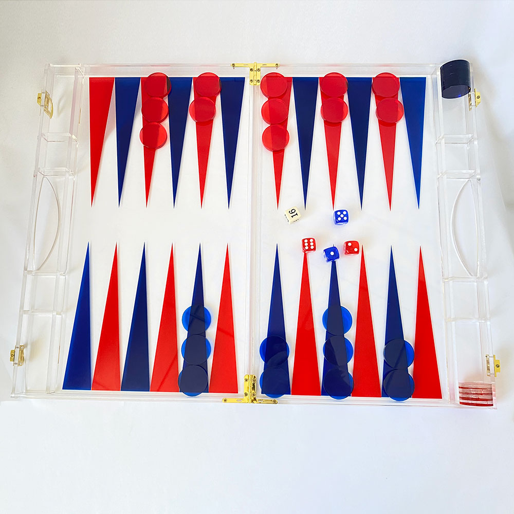 Set di ghjocu di Backgammon Lucite Tavola di ghjocu di backgammon in acrilico di culore persunalizata