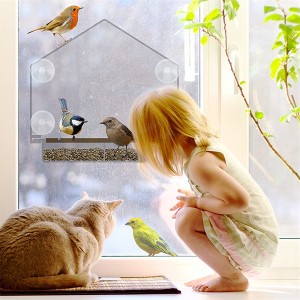 Hrănitor pentru păsări cu fereastră Casă mare pentru păsări pentru exterior, tavă glisantă detașabilă cu găuri de scurgere.Cel mai bun pentru păsări sălbatice acrilic transparent